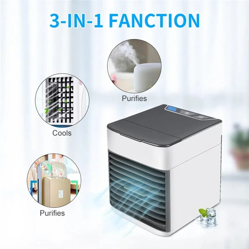 Infographic of a 3-in-1 portable air cooler featuring evaporative cooling fan function, air purification system for dust removal, and desktop humidifier mode designed for improving air quality and comfort in dry and hot climates.