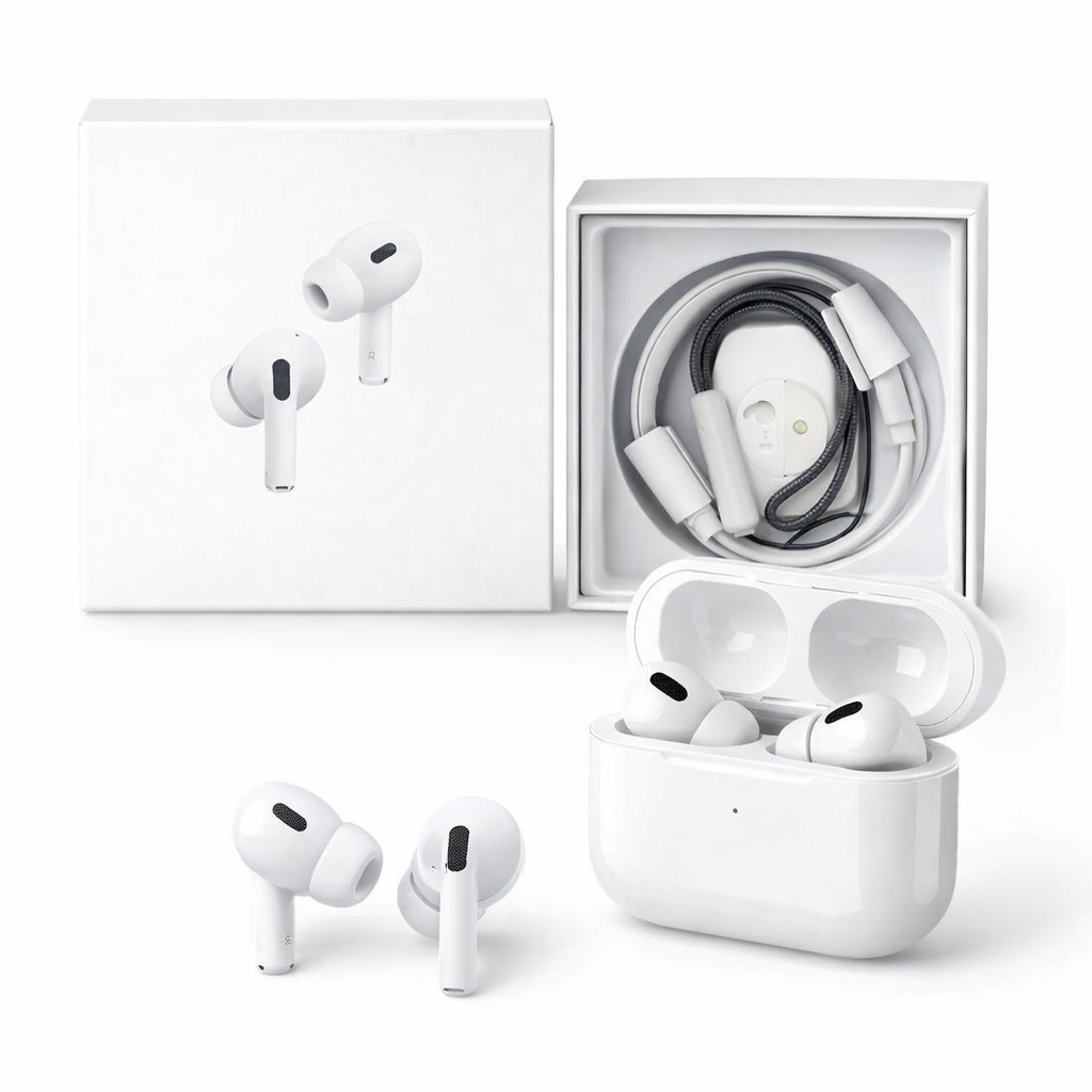 Close up of white AirPods Pro 2 showing clean microphone mesh and sensor placement
