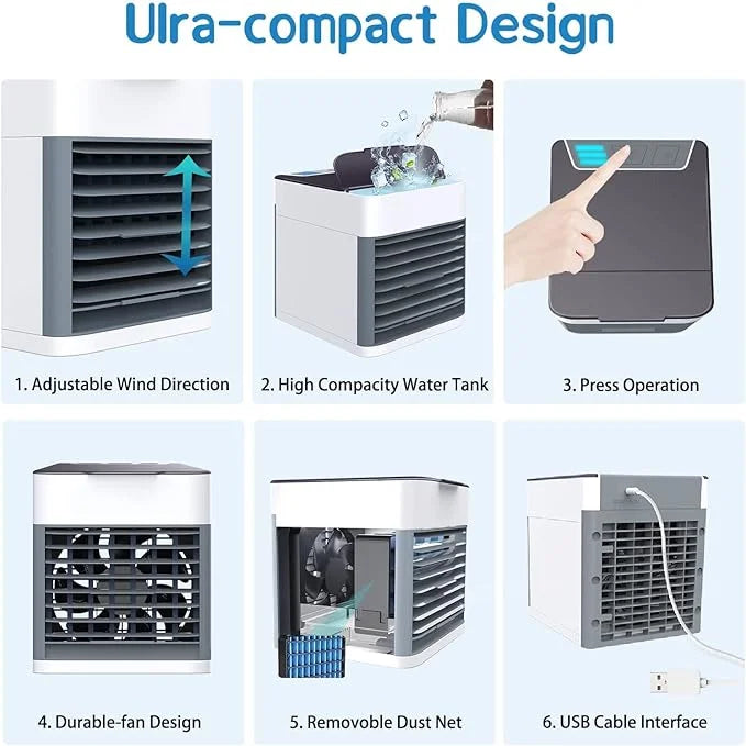 Portable air conditioner with features highlighted on a blue background