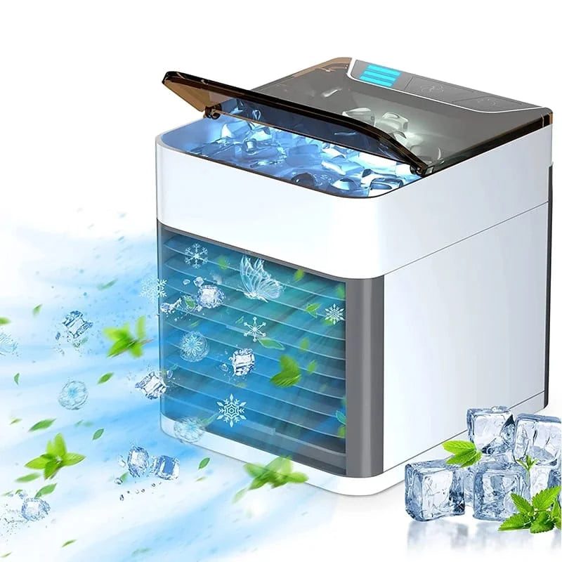 Arctic air conditioner with ice cubes and leaves on a light blue background