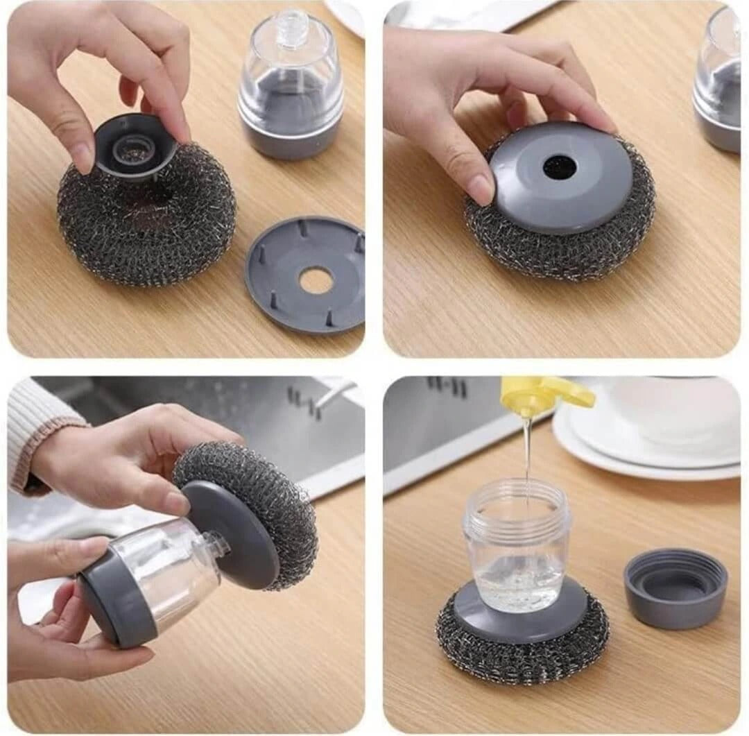 Collage of a scrubber being used to clean various items on a wooden surface.