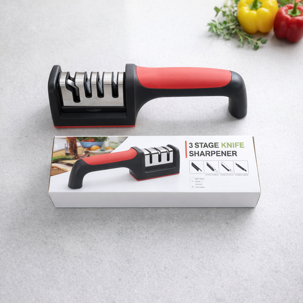 Razor sharp chef knife restored using the 3 stage knife sharpener tool