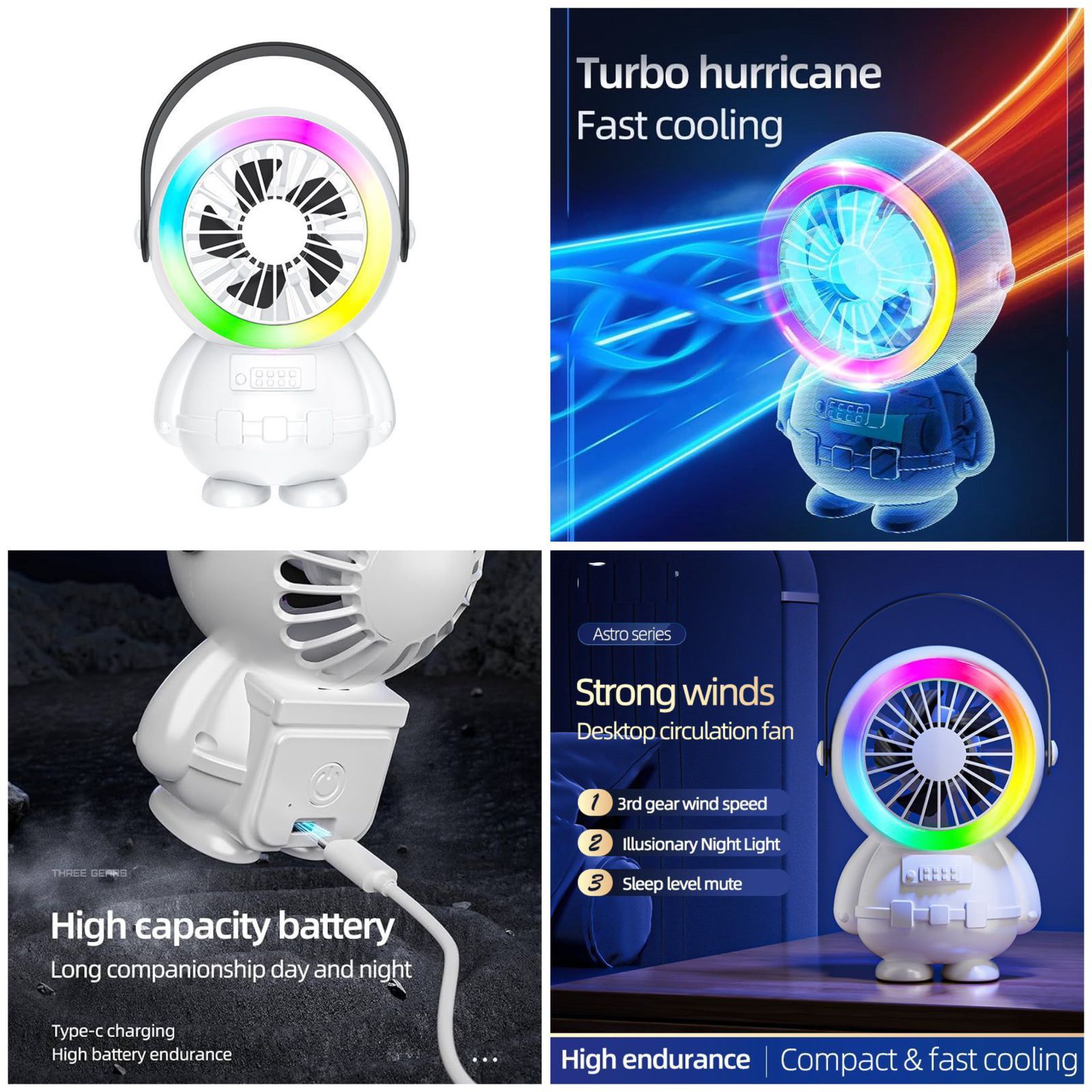 Astronaut USB Rechargeable Fan with RGB Night Light