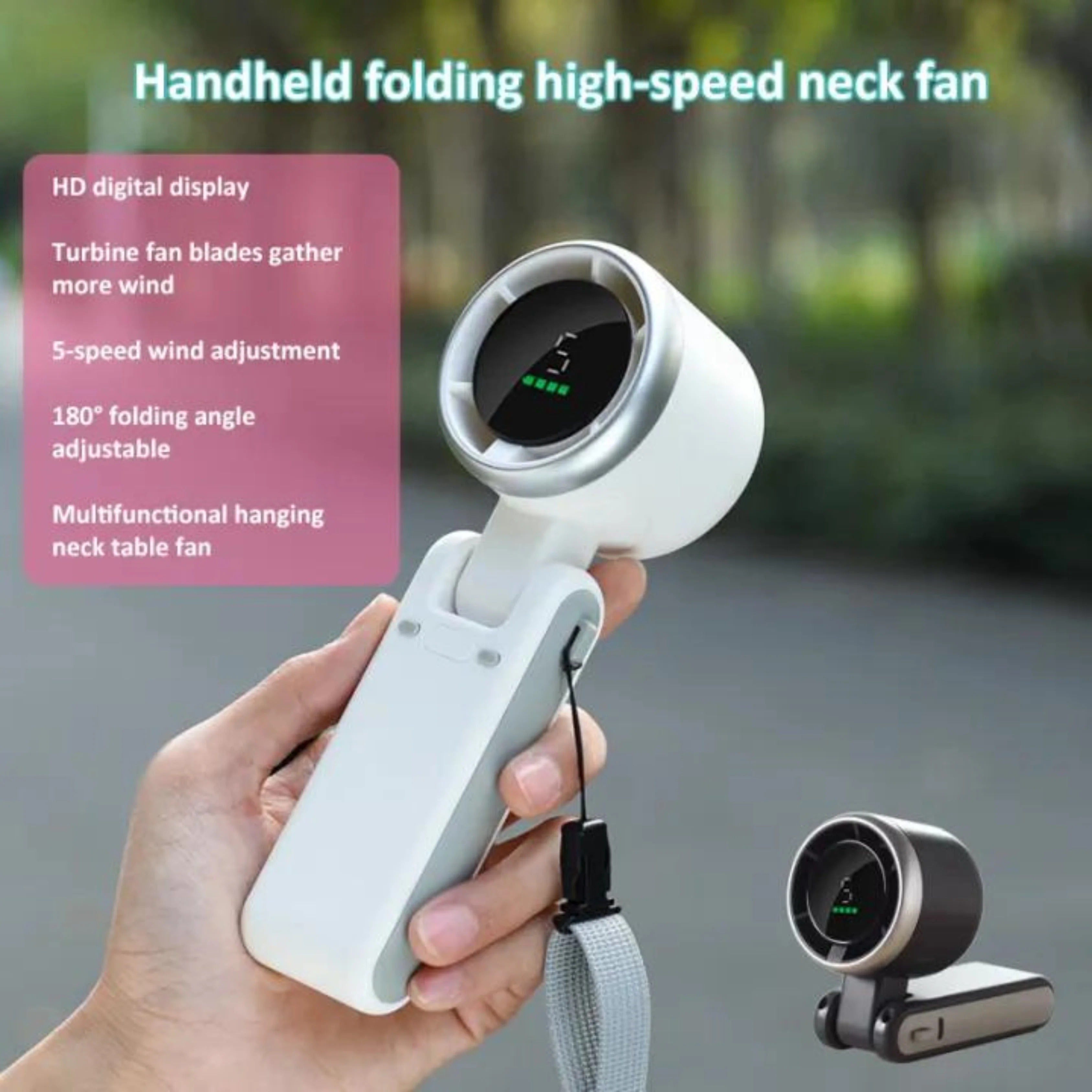 Handheld folding high-speed neck fan with digital display held in a hand, outdoor background.