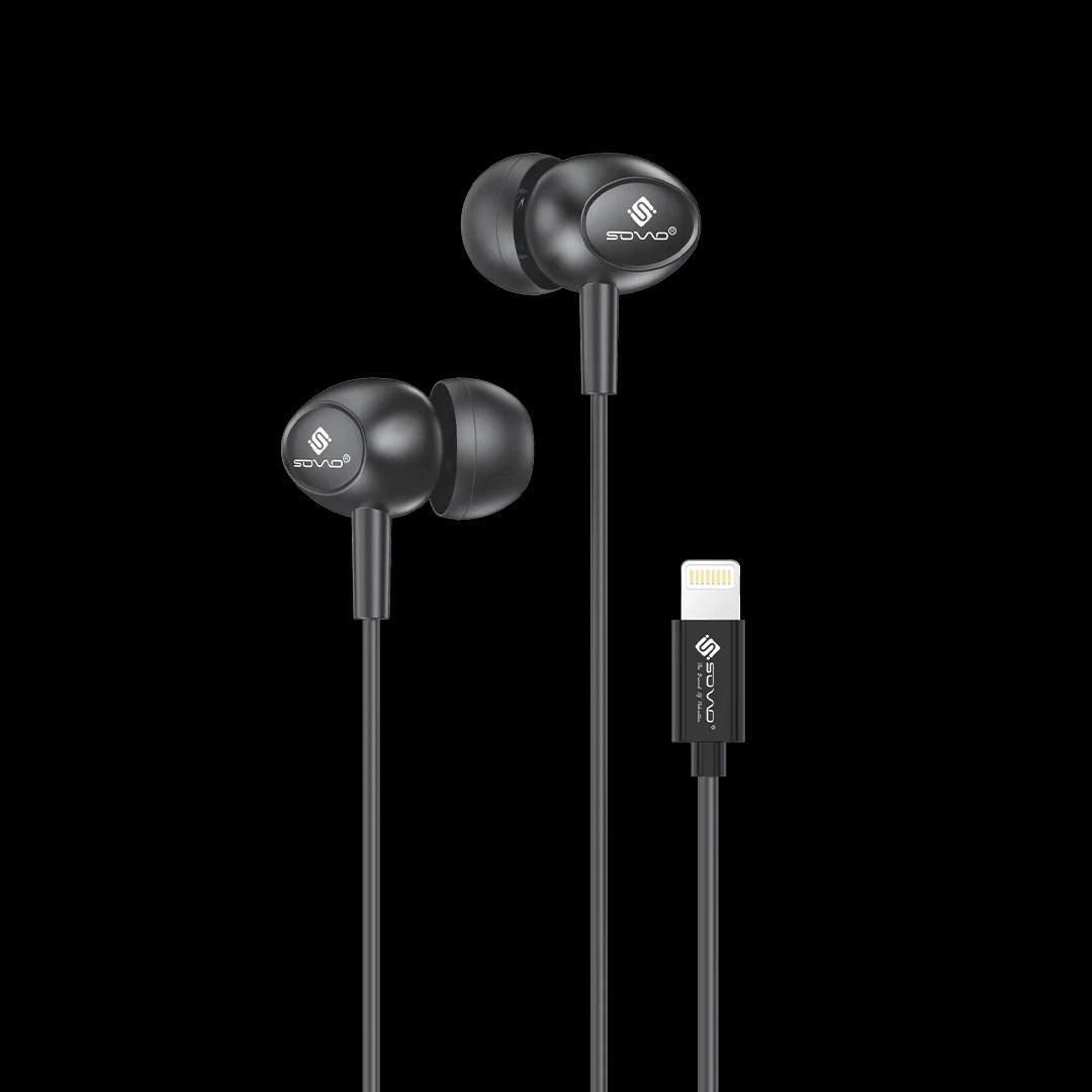 Black earphones with a lightning cable on a white background