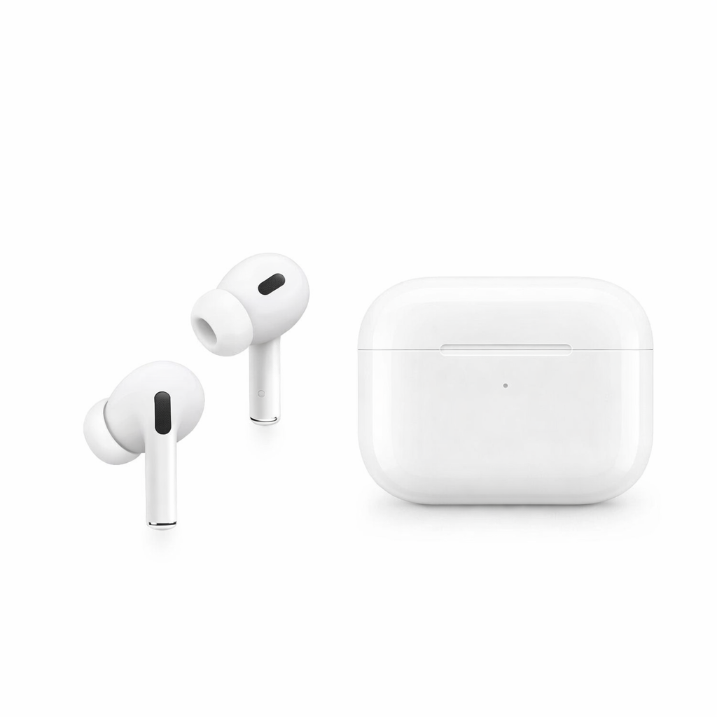 White wireless earbuds with charging case on a white background