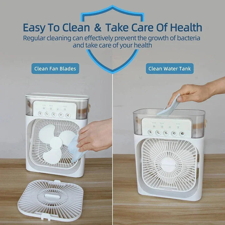 Air purifier with cleaning instructions on a wooden surface
