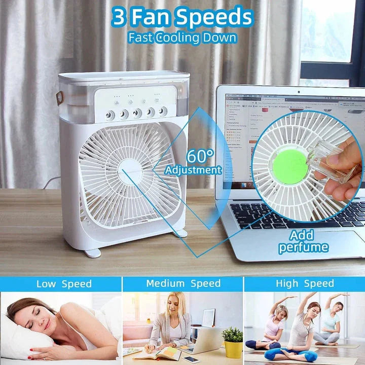 Portable fan with 3 speed settings on a desk next to a laptop, with close-up of fan blades and people using the fan.