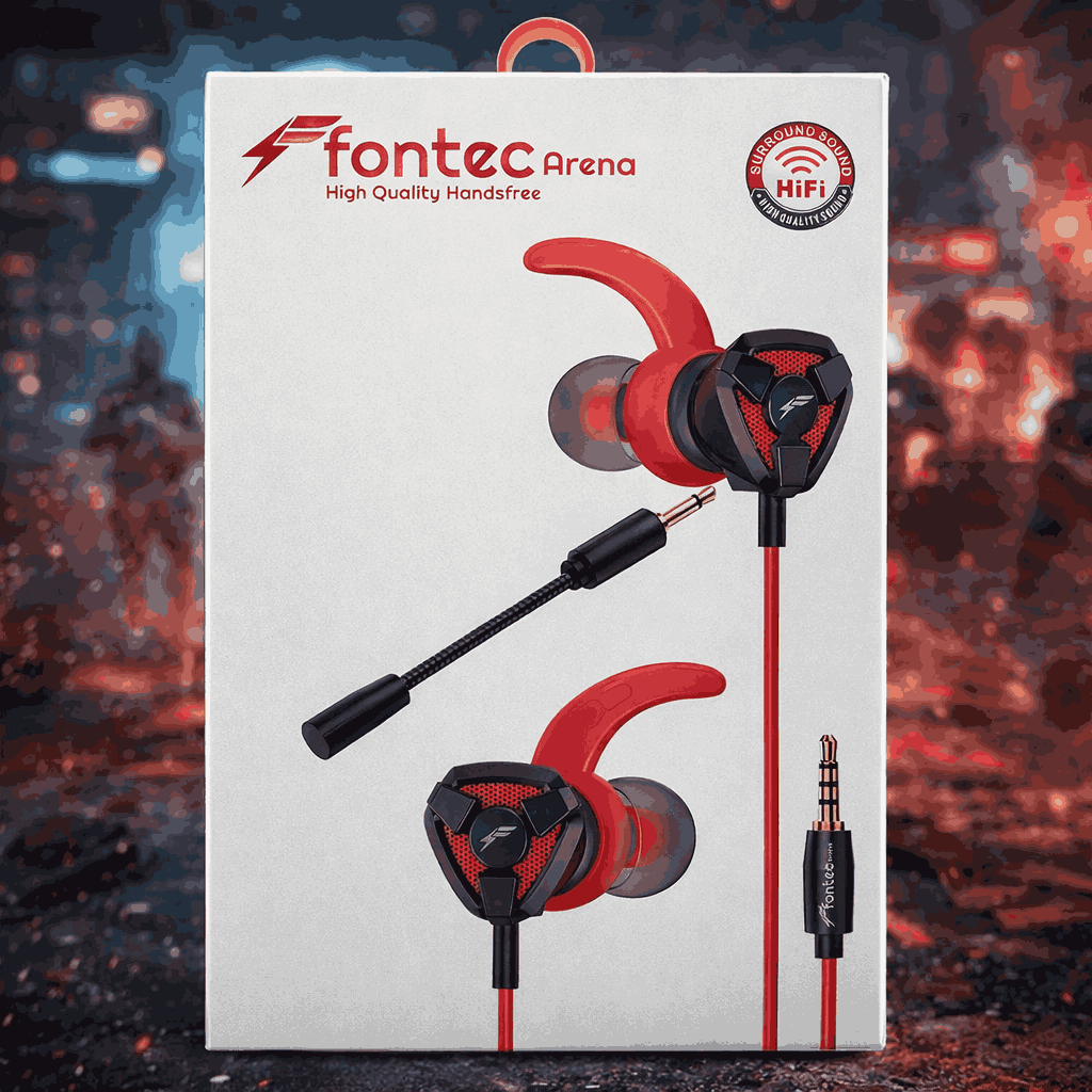 Fontec Arena Gaming Earphones with Detachable Mic in a mobile gaming setup.
