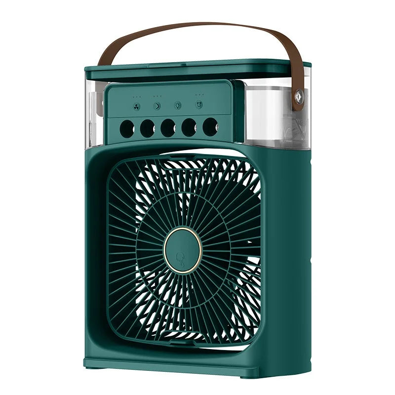 Green portable fan with a brown handle on a white background