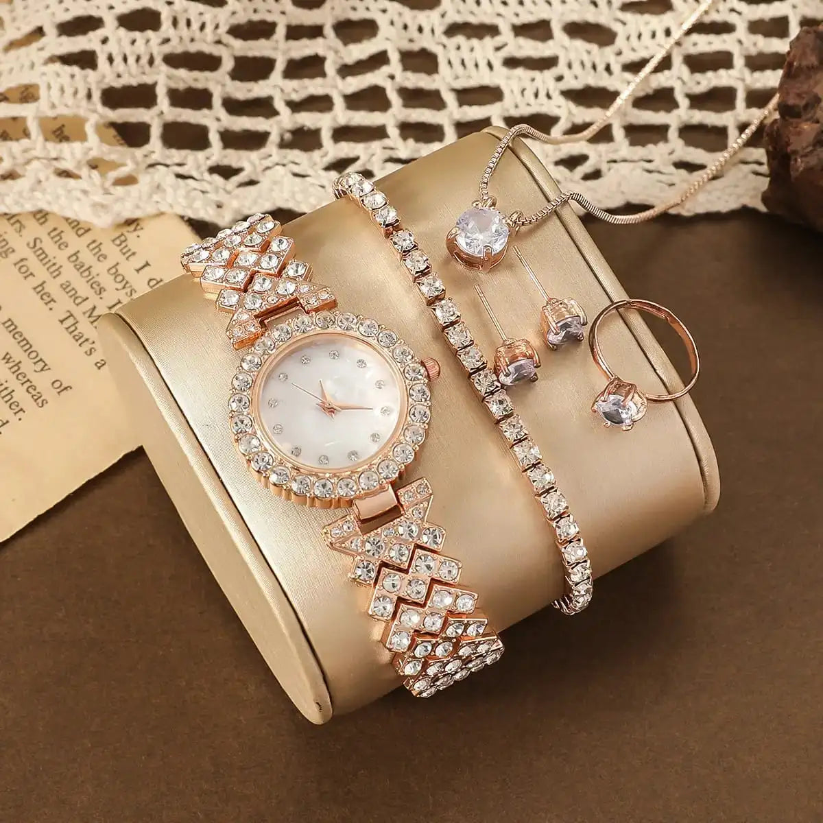 Model wearing silver color watch and jewelry set for wedding events.