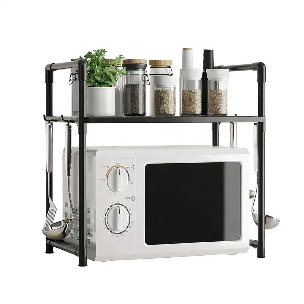 Modern 2 tier microwave oven stand pakistan resting on a clean kitchen countertop