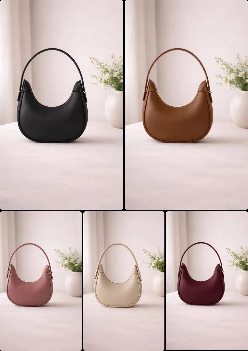 A five-panel collage showing the same crescent-shaped shoulder bag in five color options: black, tan-brown, dusty pink, cream, and burgundy. Each bag is photographed alone against a soft light neutral interior backdrop with a small plant in a vase.