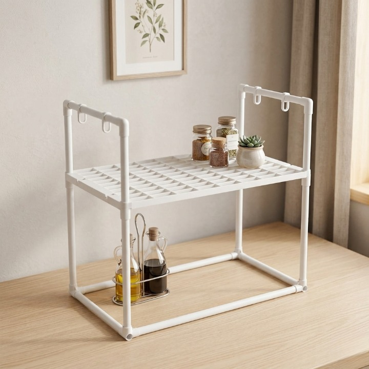 Multi purpose kitchen rack organizing spice jars cooking oils and utensils