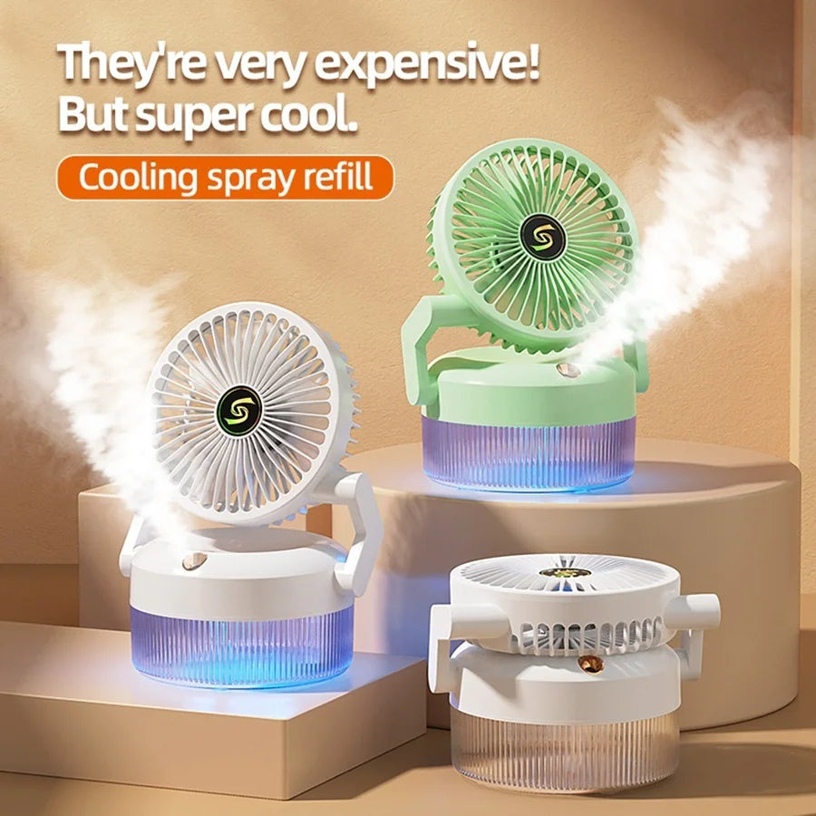 Three small fans with cooling spray on a beige background, text indicating they are expensive but cool.