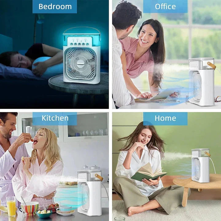 Collage of a fan in various settings including bedroom, office, kitchen, and home.