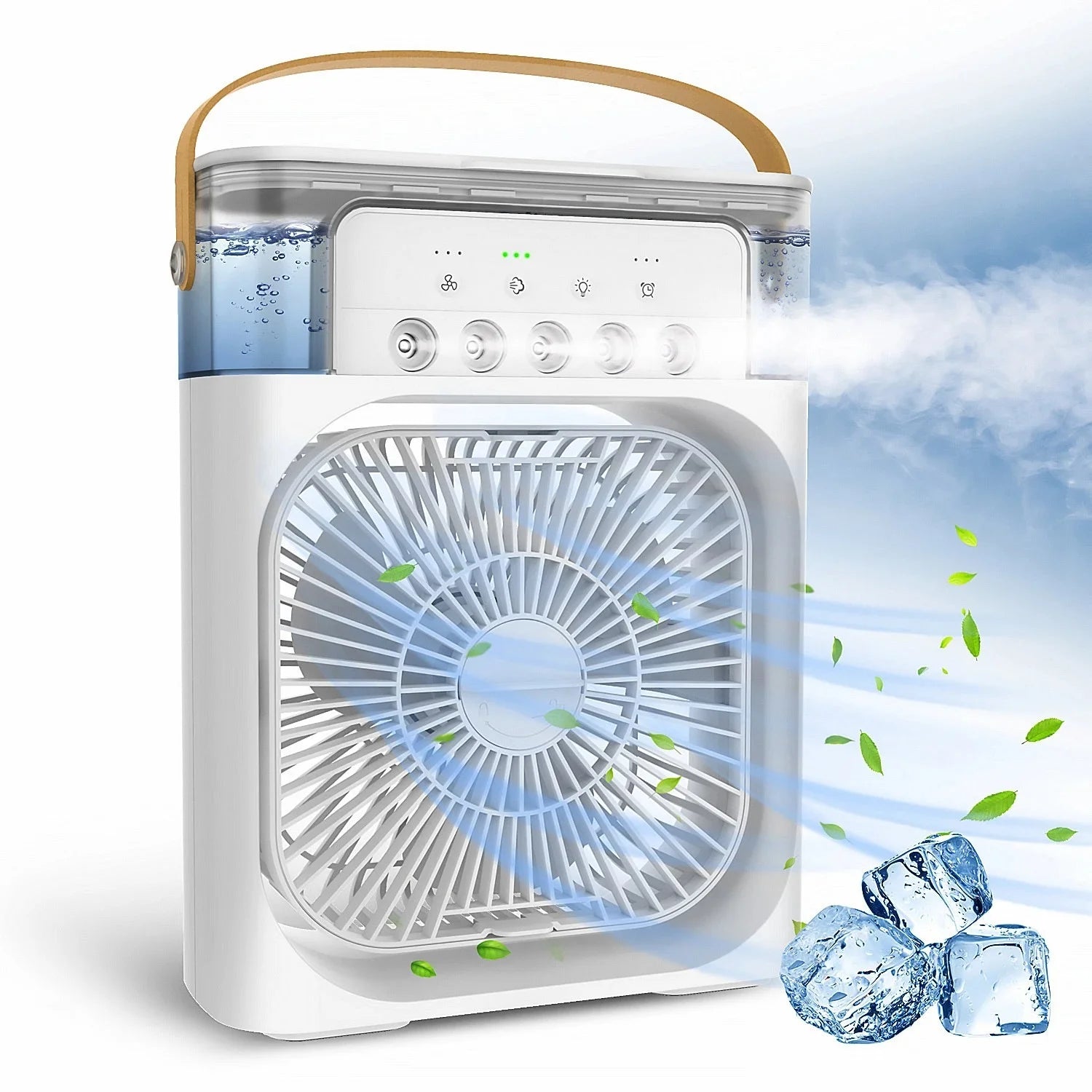 Portable air cooler with water tank and fan blades, set against a sky background.