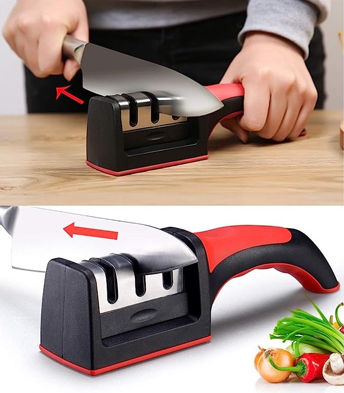 Woman using the 3 stage professional knife sharpener manual tool safely