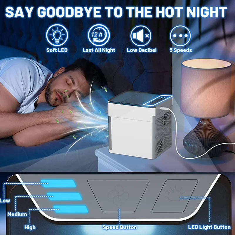 Compact bedroom air cooler on a nightstand with quiet operation, soft LED night light, and long runtime, designed for comfortable and undisturbed sleep