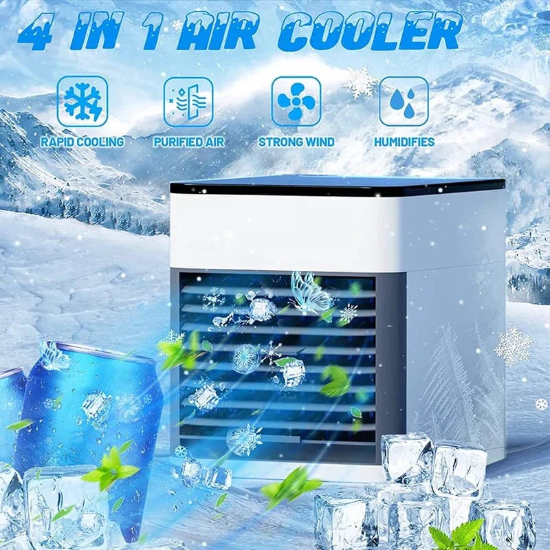 Close-up of a compact air cooler showing the removable drawer with a high-efficiency replaceable cooling filter and adjustable louvers for directional airflow control