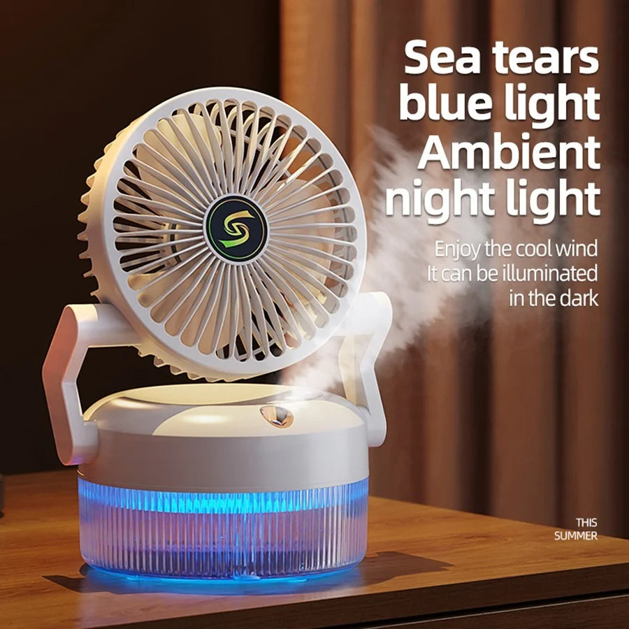 Portable fan with blue light feature on a wooden surface