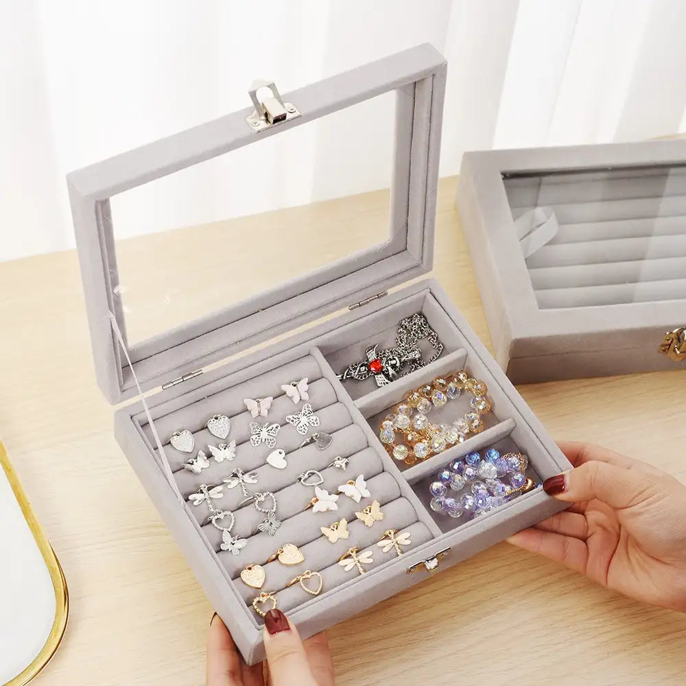 Mistico Velvet Jewelry Box with transparent glass cover for ring and earring display.